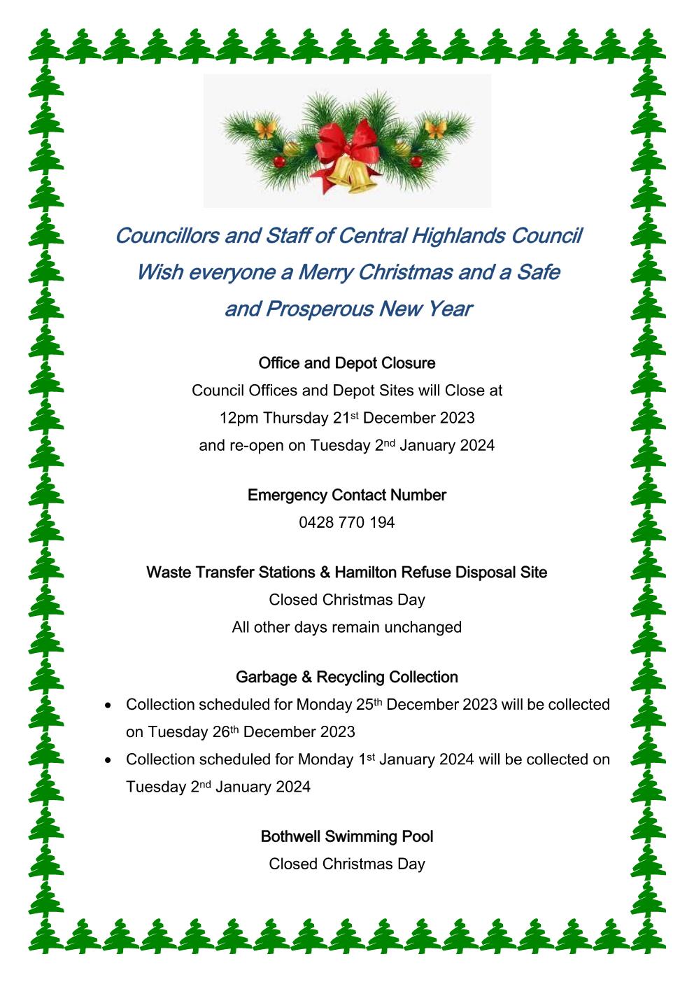 Christmas Arrangements 2023-2024 | Central Highlands Council